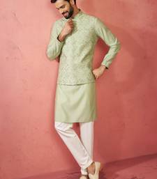 Pista green nehru jacket kurta set with pyjama - wedding ensemble