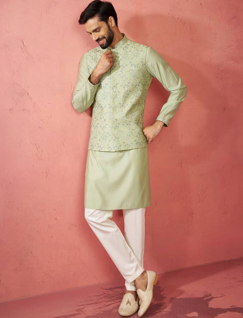 Pista green nehru jacket kurta set with pyjama - wedding ensemble