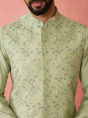 Pista green nehru jacket kurta set with pyjama - wedding ensemble 2
