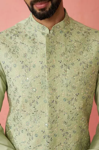 Pista green nehru jacket kurta set with pyjama - wedding ensemble