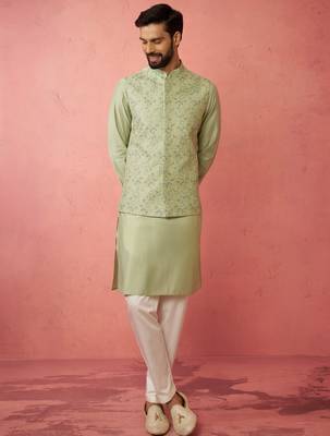 Pista green nehru jacket kurta set with pyjama - wedding ensemble 3