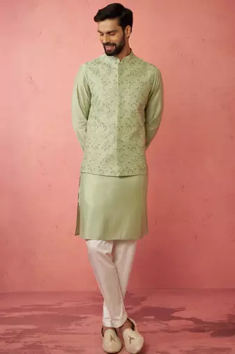 Pista green nehru jacket kurta set with pyjama - wedding ensemble