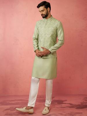 Pista green nehru jacket kurta set with pyjama - wedding ensemble 4