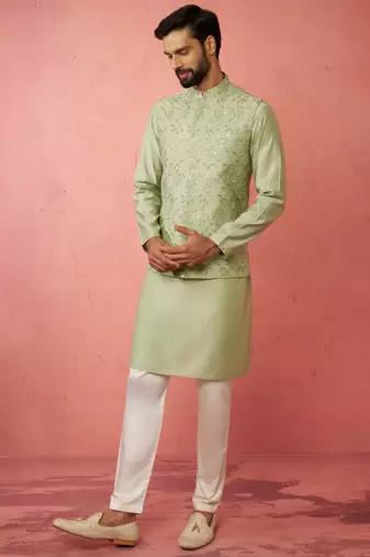 Pista green nehru jacket kurta set with pyjama - wedding ensemble