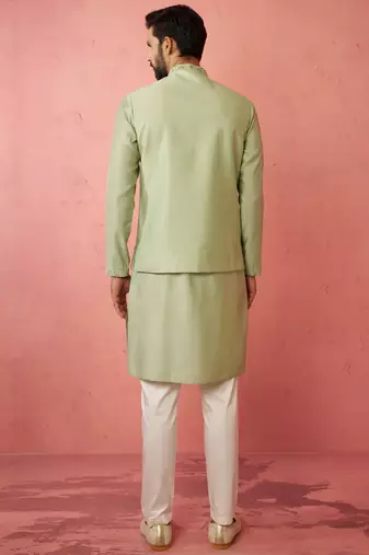 Pista green nehru jacket kurta set with pyjama - wedding ensemble