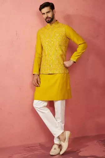 Mustard nehru jacket kurta set with pyjama - embroidered wedding wear