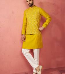 Mustard nehru jacket kurta set with pyjama - embroidered wedding wear