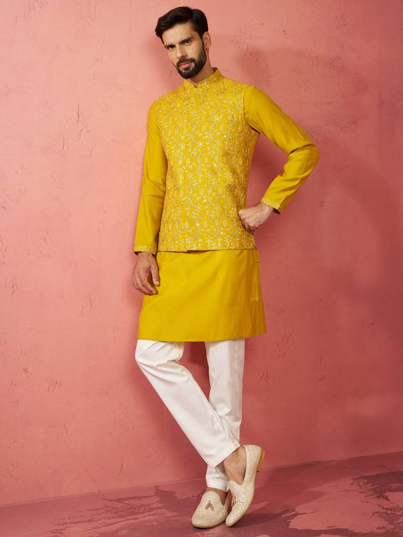 Mustard nehru jacket kurta set with pyjama - embroidered wedding wear