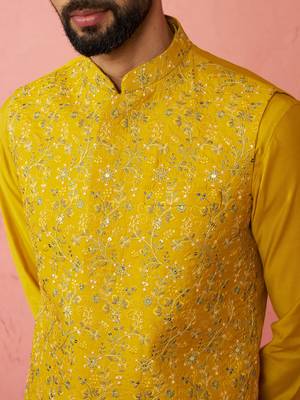Mustard nehru jacket kurta set with pyjama - embroidered wedding wear 2