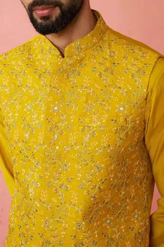 Mustard nehru jacket kurta set with pyjama - embroidered wedding wear