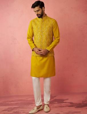 Mustard nehru jacket kurta set with pyjama - embroidered wedding wear 3