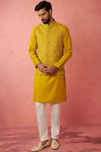 Mustard nehru jacket kurta set with pyjama - embroidered wedding wear
