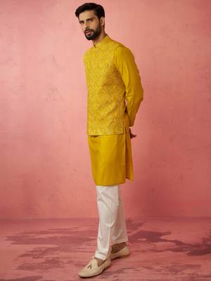Mustard nehru jacket kurta set with pyjama - embroidered wedding wear 4