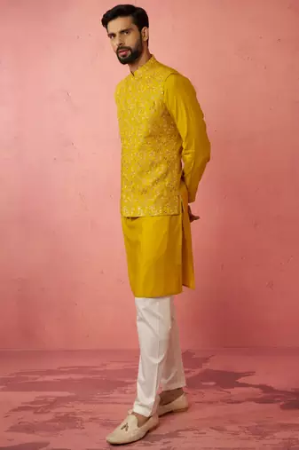 Mustard nehru jacket kurta set with pyjama - embroidered wedding wear
