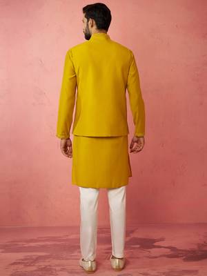 Mustard nehru jacket kurta set with pyjama - embroidered wedding wear 5