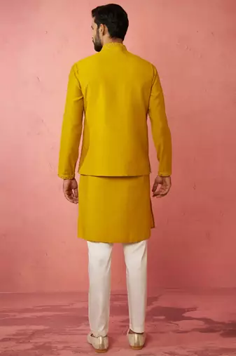 Mustard nehru jacket kurta set with pyjama - embroidered wedding wear
