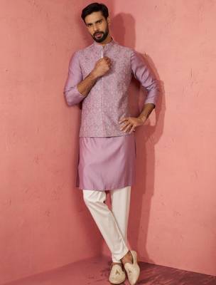 Lavender kurta jacket set with cream pyjama - embroidered wedding set 1