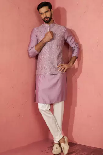 Lavender kurta jacket set with cream pyjama - embroidered wedding set