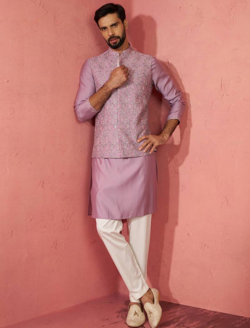 Lavender kurta jacket set with cream pyjama - embroidered wedding set
