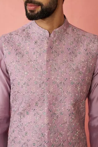 Lavender kurta jacket set with cream pyjama - embroidered wedding set