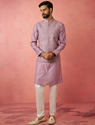 Lavender kurta jacket set with cream pyjama - embroidered wedding set 3