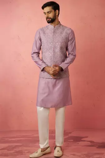 Lavender kurta jacket set with cream pyjama - embroidered wedding set