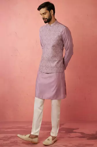 Lavender kurta jacket set with cream pyjama - embroidered wedding set