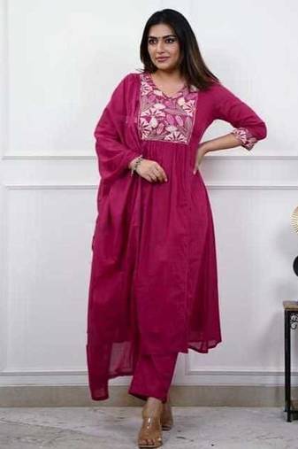 Magenta Pink Embroidered Cotton Anarkali Kurta Set with Dupatta