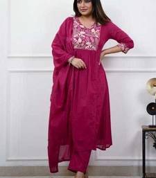 Magenta Pink Embroidered Cotton Anarkali Kurta Set with Dupatta