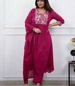 Magenta Pink Embroidered Cotton Anarkali Kurta Set with Dupatta