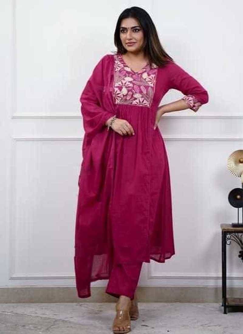 Magenta Pink Embroidered Cotton Anarkali Kurta Set with Dupatta