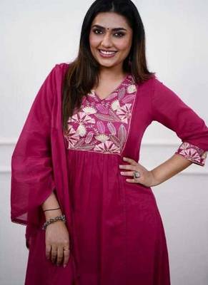 Magenta Pink Embroidered Cotton Anarkali Kurta Set with Dupatta 2