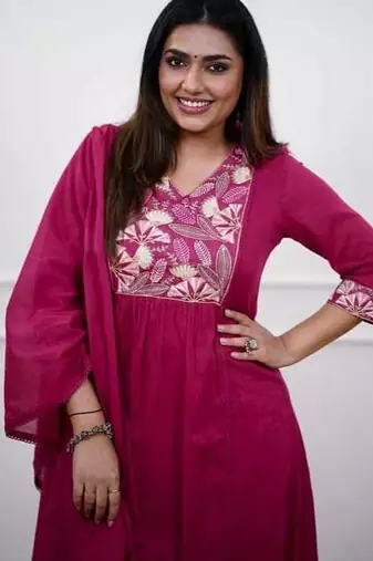 Magenta Pink Embroidered Cotton Anarkali Kurta Set with Dupatta