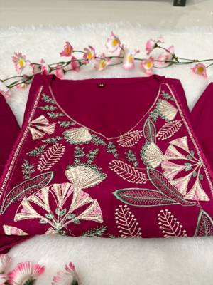Magenta Pink Embroidered Cotton Anarkali Kurta Set with Dupatta 4
