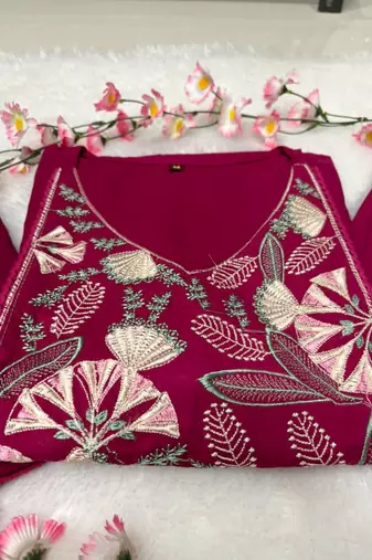Magenta Pink Embroidered Cotton Anarkali Kurta Set with Dupatta