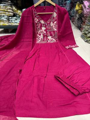 Magenta Pink Embroidered Cotton Anarkali Kurta Set with Dupatta 5