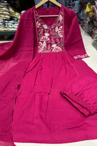 Magenta Pink Embroidered Cotton Anarkali Kurta Set with Dupatta