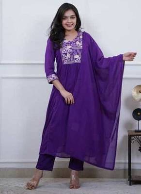 Royal Purple Embroidered Cotton Anarkali Kurta Set with Dupatta 1