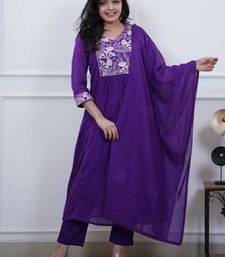 Royal Purple Embroidered Cotton Anarkali Kurta Set with Dupatta