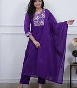 Royal Purple Embroidered Cotton Anarkali Kurta Set with Dupatta