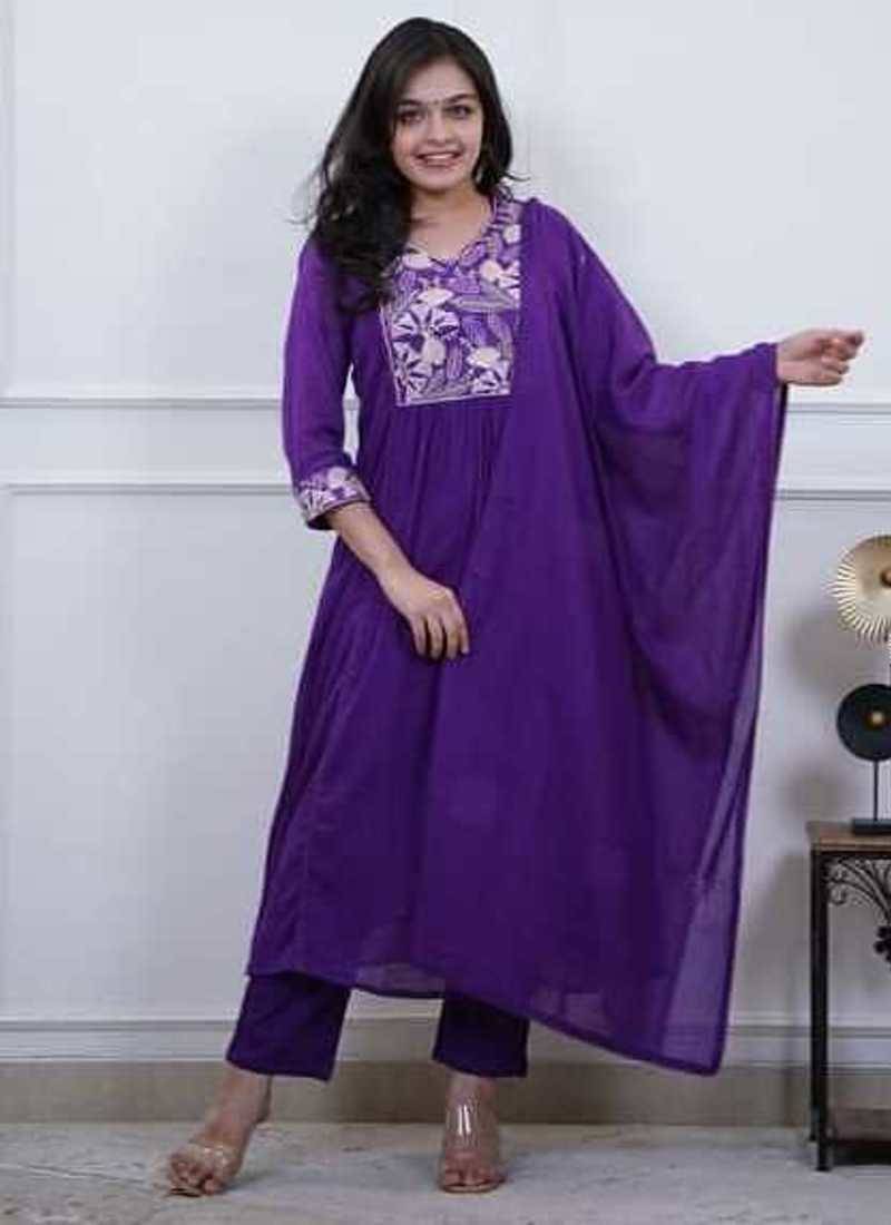 Royal Purple Embroidered Cotton Anarkali Kurta Set with Dupatta