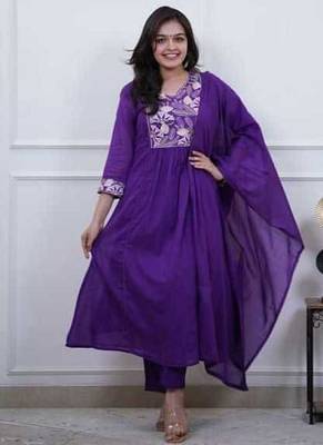 Royal Purple Embroidered Cotton Anarkali Kurta Set with Dupatta 2
