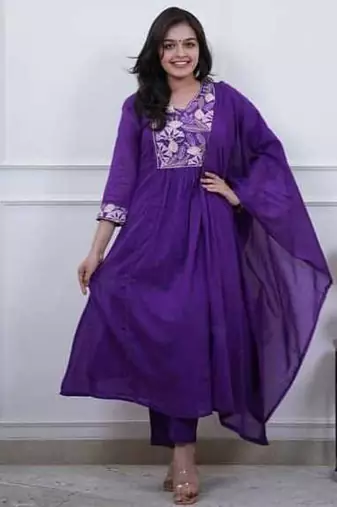 Royal Purple Embroidered Cotton Anarkali Kurta Set with Dupatta