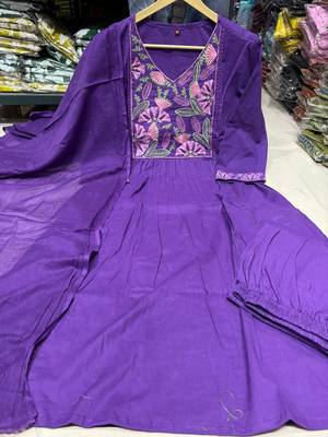 Royal Purple Embroidered Cotton Anarkali Kurta Set with Dupatta 4