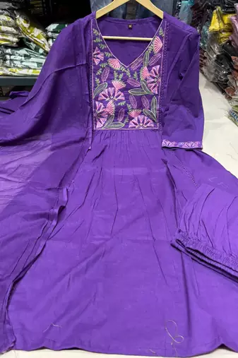 Royal Purple Embroidered Cotton Anarkali Kurta Set with Dupatta