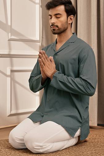 Sage green cotton short kurta with white palazzo set