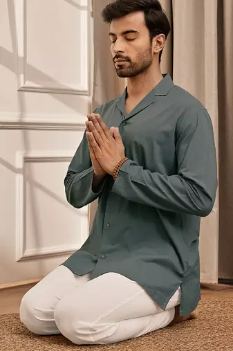 Sage green cotton short kurta with white palazzo set
