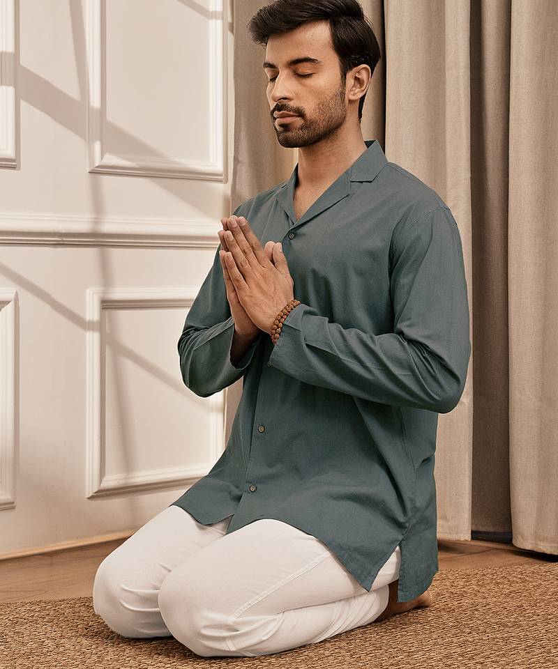 Sage green cotton short kurta with white palazzo set