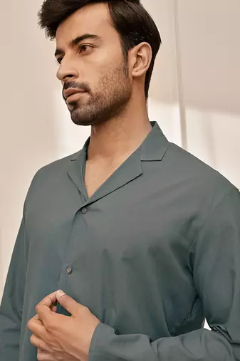 Sage green cotton short kurta with white palazzo set