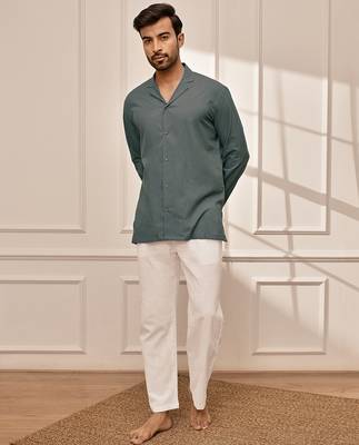 Sage green cotton short kurta with white palazzo set 3